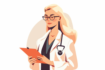 Woman doctor holds a medical record and smile on a white background, vector flat illustration, Medical tests concept, Health сare сoncept. Physician Holding a Clipboard.