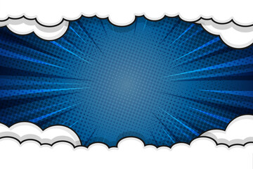 Blue pop art comic book background with rays and cloud frame