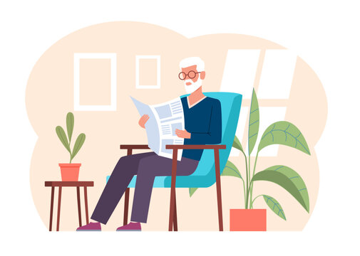 Old man with glasses sits in an armchair and reads newspaper. Leaving room home interior, pensioner lifestyle, senior age people. Grandfather cartoon flat illustration. Vector concept