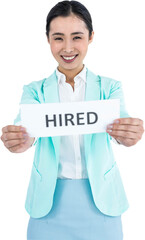 Businesswoman holding a signboard hired