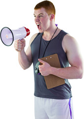 Angry personal trainer yelling through megaphone 