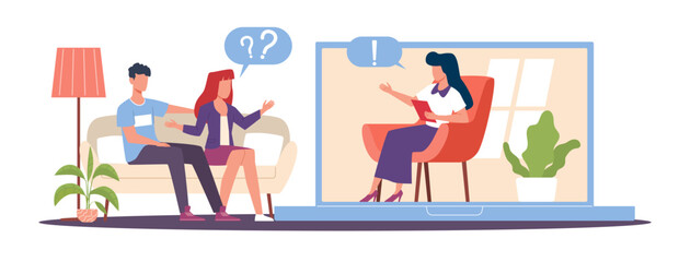 Online counseling concept, couple discussing mental problems with family psychologist. Couple misunderstanding. Cartoon characters flat style isolated illustration. Vector psychotherapy help