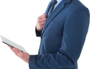 Midsection of businessman using tablet pc