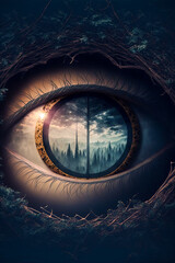 Eye looking into a forest, wilderness, vertical. Generative AI