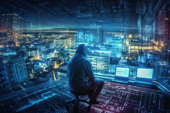 A generation-z hacker sitting in a virtual room in the top of a building and lookung to the skyline of a city, thinking about the future, Generative AI