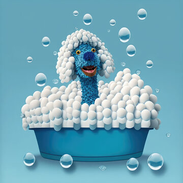 Generative AI Silly Cartoon Puppy in Bath Tub with Bubbles