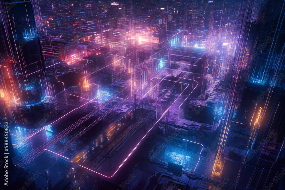 Poster immerse yourself in the world of cyber technology, driven by powerful ai networks and futuristic wir