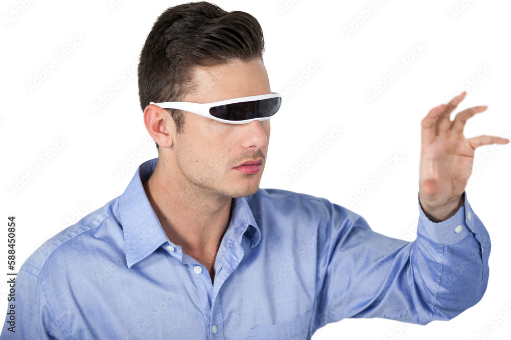 Poster man gesturing while using virtual video glasses