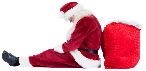 Santa sits leaned on his bag