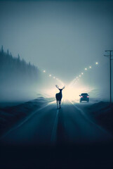 Silhouette of deer in road at night, foggy, car, vertical. Generative AI