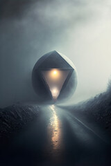 Mysterious alien ship or portal on foggy road, vertical. Generative AI