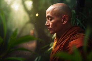 Buddhist monk observing the tropical jungle. Generative AI
