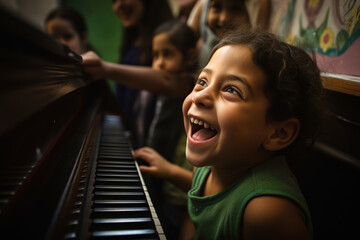 Portrait of a happy schoolgirl playing the piano in the classroom, Generative AI