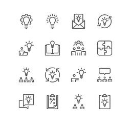 Set of creative business solutions related icons, innovation, team management, idea, plan, growth and linear variety symbols.	
