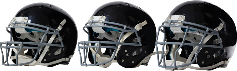 Close up of black sports helmets arranged side by side