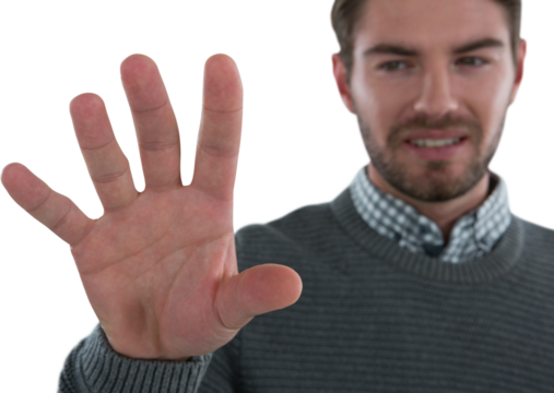 Man gesturing against white background