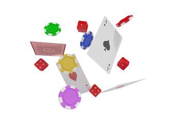 3D image of playing cards with casino tokens and dice