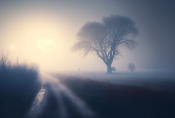 Early morning foggy dawn light, dirt path, tree. Generative AI