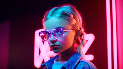 Stylish kid girl in glasses and neon light, created with Generative AI Technology