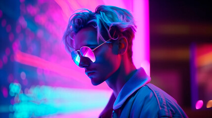 Stylish guy in glasses and in neon light, created with Generative AI Technology - 588451822