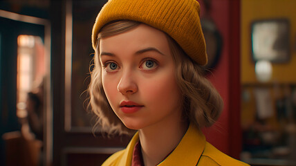 Closeup portrait of girl in vintage clothes, movie style, created with Generative AI Technology