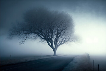 Foggy road, tree, glowing light. Generative AI