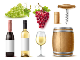 Realistic wine. Noble alcoholic beverage elements, juicy grape clusters, different varieties, corkscrew, cork and wooden barrel and wineglass, 3d isolated elements, utter vector set