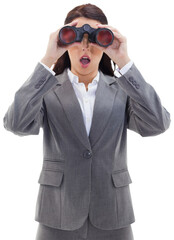 Surprised businesswoman looking through binoculars