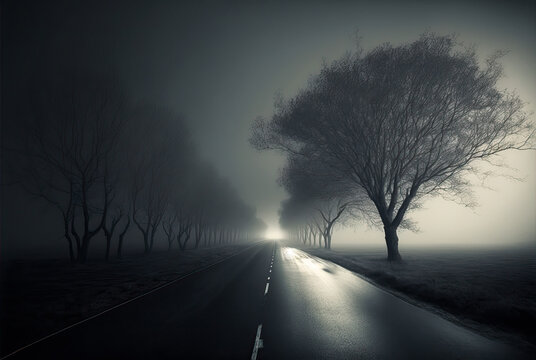 Foggy empty street at night, trees, rural. Generative AI