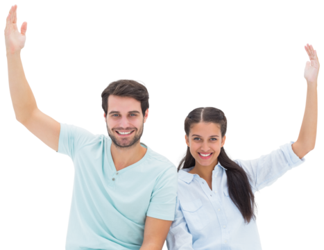 Cute couple sitting with arms raised