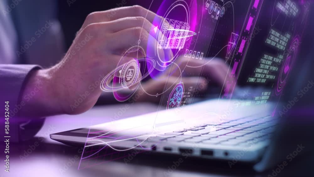 Poster programming on a virtual holographic panel, close-up.