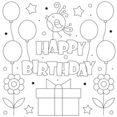 Happy Birthday. Coloring page. Vector illustration of a bird, balloons and a gift.