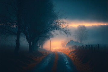 Empty foggy dirt road at night, houses in distance, trees. Generative AI