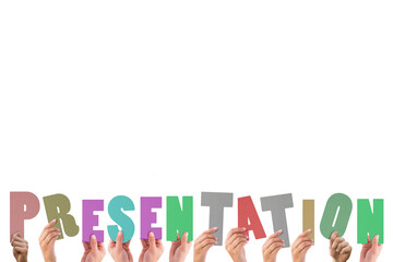 Cropped hands holding colorful word presentation 