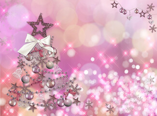 Christmas tree with toys on pink background