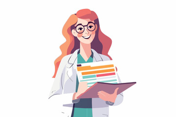 Woman doctor holds a medical record and smile on a white background, vector flat illustration, Medical tests concept, Health сare сoncept. Physician Holding a Clipboard.