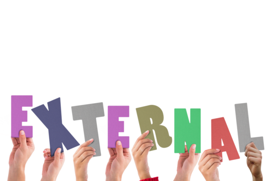 Colorful alphabet spelling external held up by people - Powered by Adobe