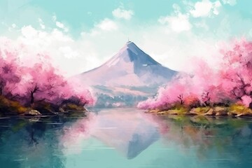 A serene lake surrounded by pink cherry blossoms, with a distant mountain range impressionist style peaceful mood. Watercolor style. Generated AI.