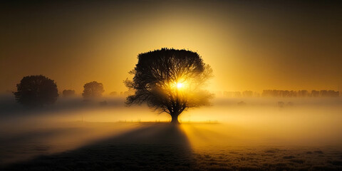 Early morning warm dawn light, foggy, tree, landscape, wide. Generative AI