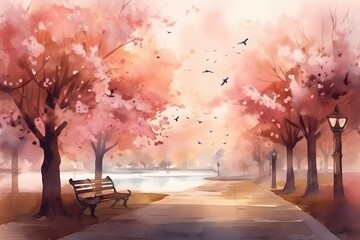 A charming park with blossoming cherry trees, chirping birds, and a warm breeze realistic style tranquil mood. Watercolor style. Generated AI.