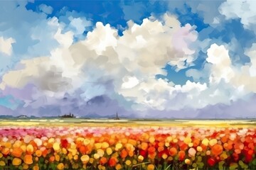 Fototapeta na wymiar A vibrant field of colorful tulips with blue skies and fluffy white clouds impressionist style joyful mood. Watercolor style. Generated AI.