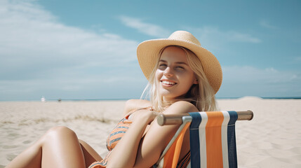 Blonde Beauty Soaking up the Sun: A Relaxing Day at the Beach - generative AI