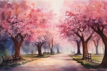 A charming park with blossoming cherry trees, chirping birds, and a warm breeze realistic style tranquil mood. Watercolor style. Generated AI.