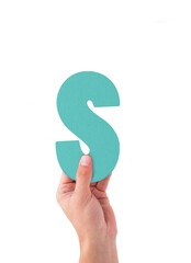 person holding turquoise S sign
