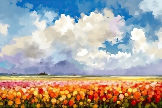 A vibrant field of colorful tulips with blue skies and fluffy white clouds impressionist style joyful mood. Watercolor style. Generated AI.