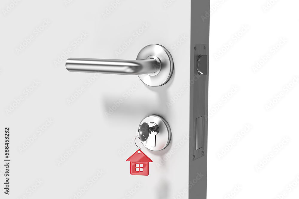 Poster digitally generated image of open door with house key