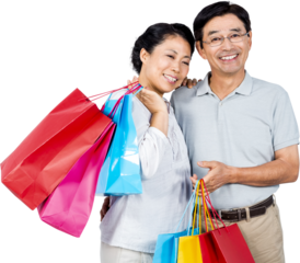 Older asian couple with shopping bags