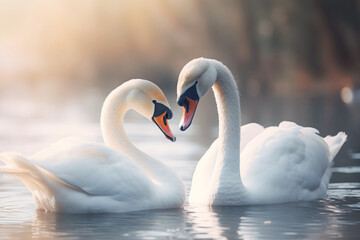 Two affectionate swans in winter pond. Generative AI.