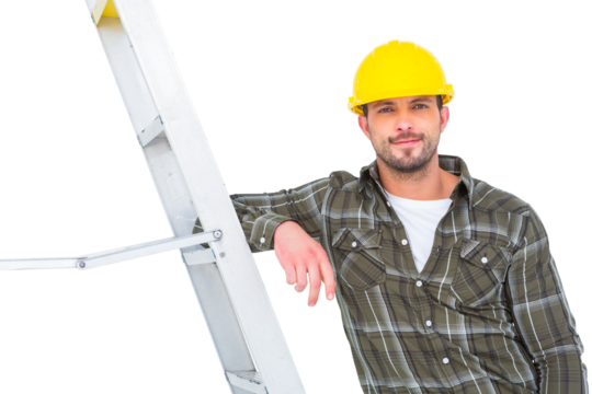 Smiling handyman in overalls leaning on ladder  - Powered by Adobe
