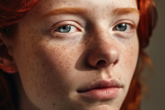 Closeup portrait of redhead person. Generative AI. 